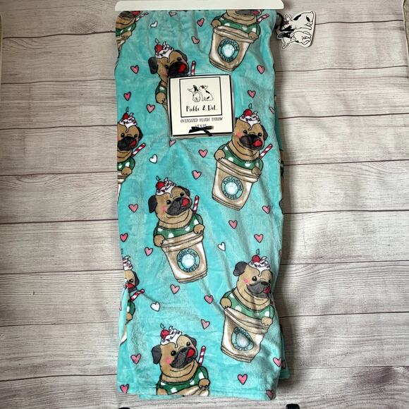 Pickle & Dot Mint Green Pug Dog Throw Blanket Cappuccino Coffee Cup Plush 60x70" - Picture 15 of 16